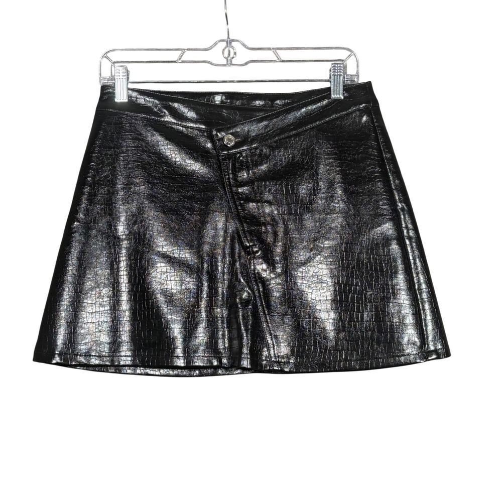 Torn by Ronny Kobo Black Croc Embossed Faux Leather Mini Skirt Small